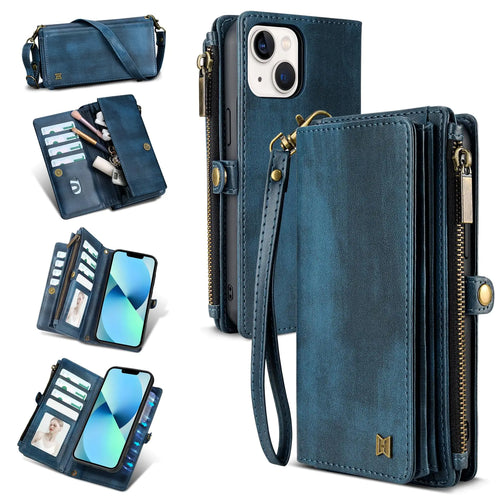 for iPhone 13 Wallet Case(Holds Lipstick, Headphones, etc.),2-in-1 Multi-Functional Portable Magnetic Faux Leather Phone Case with RFID Blocking,Shoulder Strap and Wrist Strap(Blue)